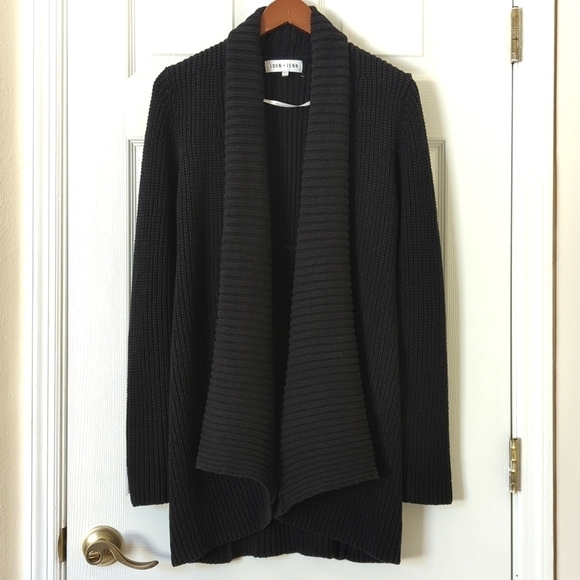 John + Jenn Chunky Ribbed Knit Open Front Drape Collar Cardigan Sweater Black M - Picture 1 of 10